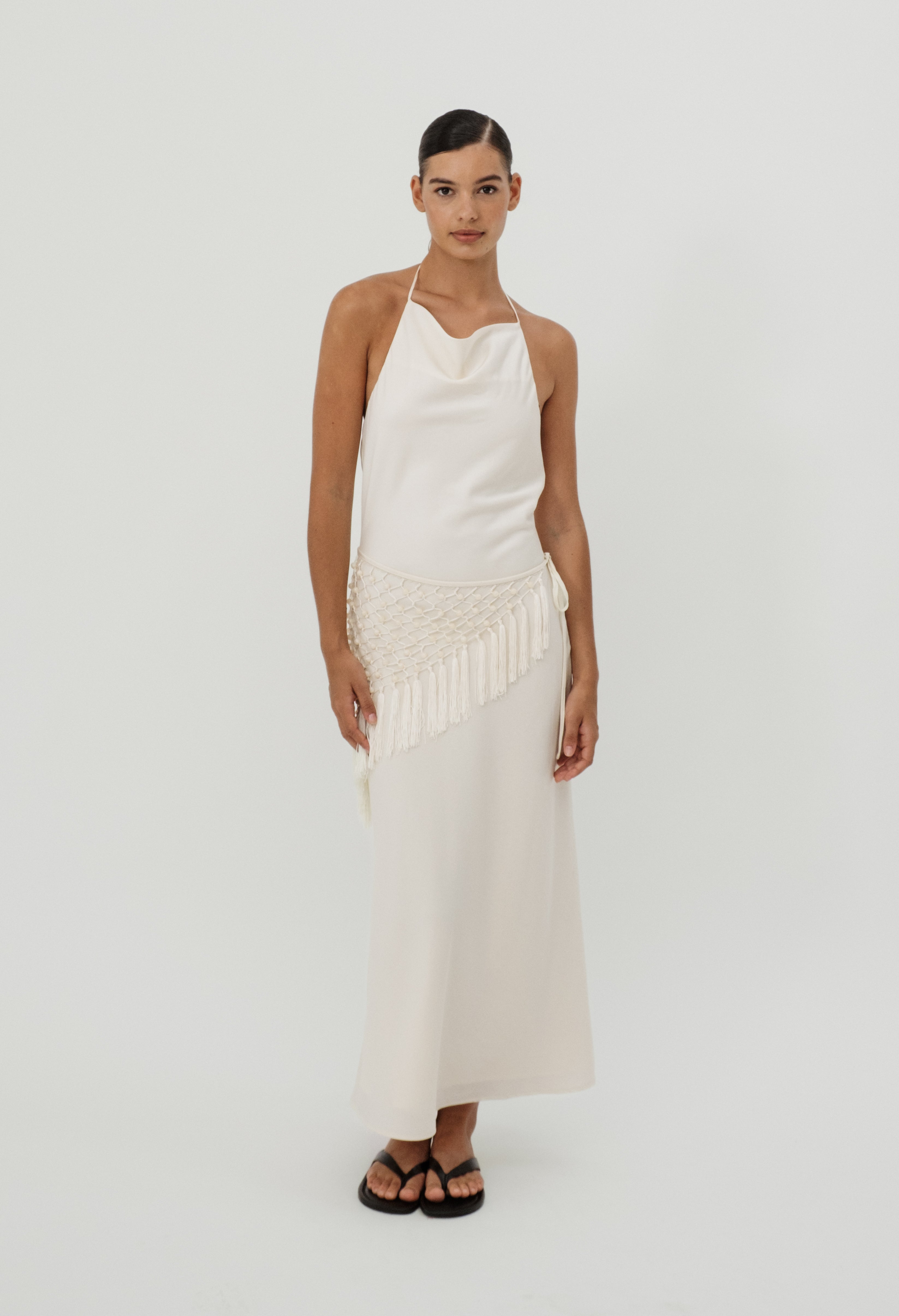 Manon Beaded Scarf Dress - Bias-Cut Midi with Macramé Wrap | Tohen